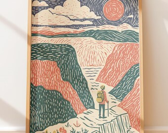 Póster vintage de excursionista, cresta de montaña, cañón, arte mural retro de viajes, impresión en bloque