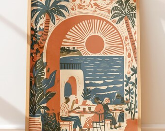 Illustrazione vintage di un caffè sul mare, poster di viaggio retrò, stampa a blocchi di arte popolare