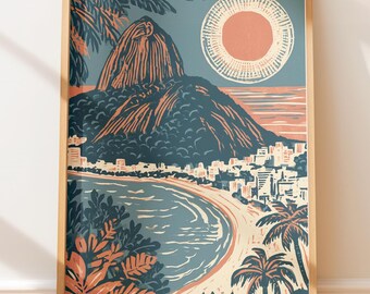 Plakat podróżniczy z Rio de Janeiro w stylu retro, ilustracja przedstawiająca Górę Sugarloaf w stylu retro, druk w stylu ludowym