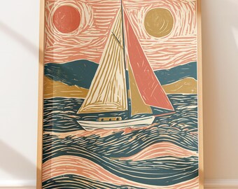 Vintage Poster Sailboat Ocean Waves, Retro Lino Block Print Travel Art, Folk Nautical Illustration