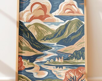 Scottish Highlands Landscape, Vintage Poster Retro Lino Block Print, Folk Art Travel Illustration