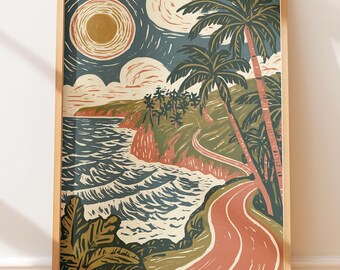 Maui Coastal Road, plakat podróżniczy w stylu retro, ilustracja w stylu folkowym w stylu vintage