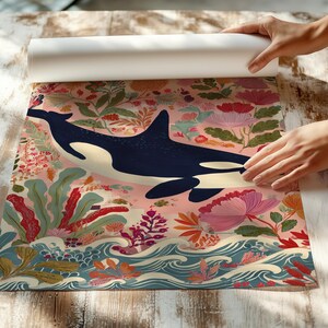 Modern wildlife painting for coastal living room — graphic whale design complemented by colorful plant motifs and ocean details.