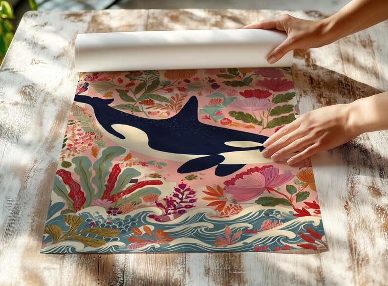 Modern wildlife painting for coastal living room — graphic whale design complemented by colorful plant motifs and ocean details.