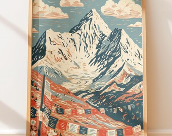 Póster vintage de picos nevados del Himalaya, lámina decorativa retro de viaje, ilustración folclórica de montaña.