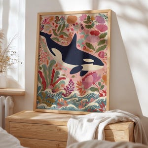 Killer whale poster for beach house — folk-art style featuring a large orca surrounded by lush floral patterns and waves.