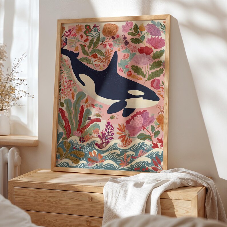 Killer whale poster for beach house — folk-art style featuring a large orca surrounded by lush floral patterns and waves.