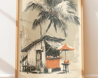 Vintage Travel Poster: Sri Lanka King Coconut Stand, Retro Wall Art, Tropical Island Print