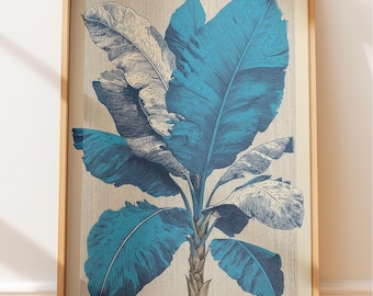 Tropische Bananenpflanze Kunstdruck: Stimmungsblaue botanische Gravur