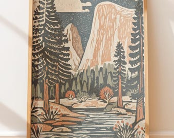Vintage Yosemite Valley Landscape Poster - Rustic Native Style Art, Retro Wall Art, El Capitan, Half Dome, Vintage Illustration Print