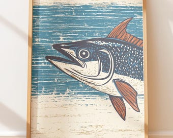 Plakat ścienny w stylu retro – wydruk blokowy z tuńczykiem błękitnopłetwym, ilustracja w stylu vintage, sztuka w stylu rodzimym, element podróży nadmorskiej, dekoracja w stylu ludowym