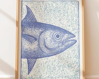 Plakat ścienny z motywem tuńczyka błękitnopłetwego w stylu retro, ilustracja w stylu marynistycznym w stylu vintage, sztuka w stylu rodzimym, sztuka ludowa, retro wzór linorytu, druk blokowy w stylu nadmorskim