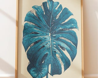 Dark Academia Monstera Blatt Linoldruck Wandkunst