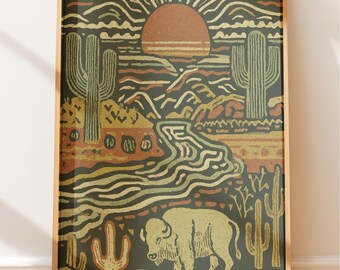Bison Poster: Vintage Southwest Linocut, Desert Animal Art - Earthy Tones, Textured Blockprint, Cozy Room Vibe