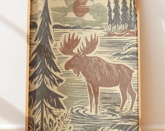 Stampa rustica di un alce nell'acqua - Poster vintage, arte popolare, arte murale retrò, illustrazione western vintage, arte in stile nativo, linoleografia retrò