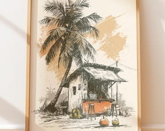Sri Lanka Art Vintage Print, Rustic Style Coastal Wall Art, Tropical Island Vibes