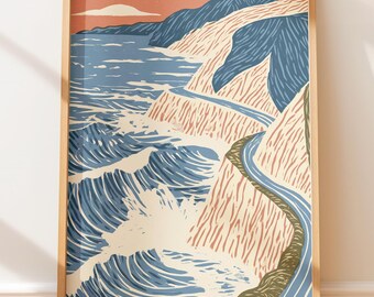 Póster vintage de los acantilados de Big Sur, California, arte mural retro de viajes, impresión folclórica en bloque.