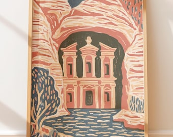 Plakat vintage Petra Jordan Treasury, retro wydruk blokowy, ilustracja ludowa