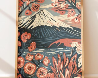 Plakat podróżniczy z podróży na górę Fuji w stylu vintage, japońska wiśnia w bloku, ilustracja w stylu retro z linorytem