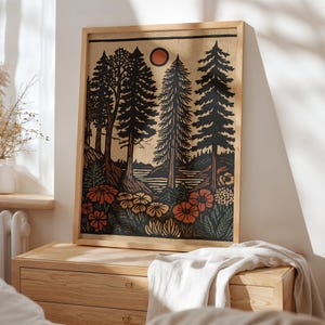 Evergreen tree wall art for cabin — rustic folk-style illustration featuring muted greens and cozy earthy tones for a calming vibe.