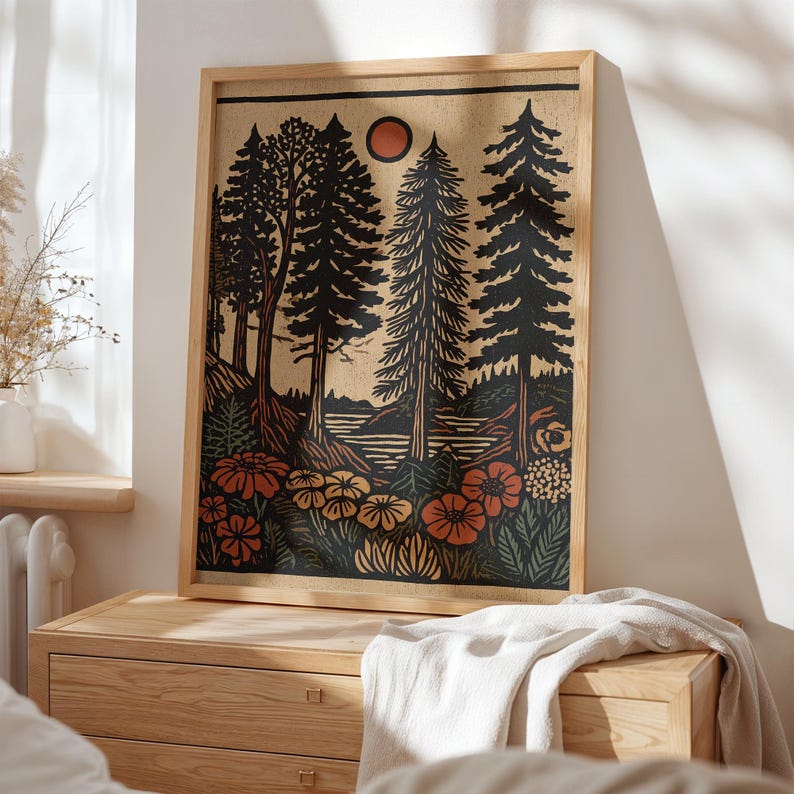 Evergreen tree wall art for cabin — rustic folk-style illustration featuring muted greens and cozy earthy tones for a calming vibe.