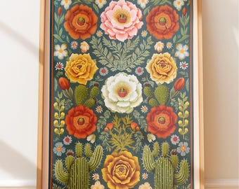 Southwestern Folk Art Print, Cactus Flowers, Rustic Style (Various Sizes)