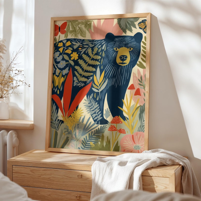 Navy Bear Woodland Botanical Wall Art, Retro Linocut Nursery Decor ...