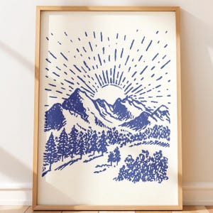 Mountain Sunrise Art: Indigo Lino Print (Pine Tree Landscape)
