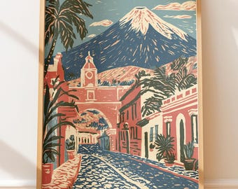Póster vintage de Antigua Guatemala, calle colonial, viaje, estilo retro, impresión en bloque para pared.
