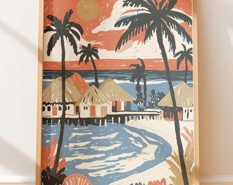 Plakat vintage „Tropical Island Bungalows”, sztuka ścienna w stylu retro, wydruk w stylu folkowym