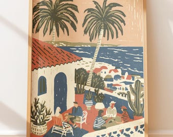 Plakat vintage z tarasem na dachu, śródziemnomorska sztuka ludowa, sztuka ścienna w stylu retro