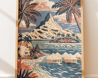 Tropical Lagoon Overwater Bungalows, Vintage Poster Retro Travel Wall Art