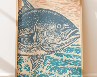 Plakat z ilustracją w stylu vintage przedstawiający olbrzymiego karanksa – marynistyczna sztuka linorytu, rustykalny wystrój nadmorski, sztuka ścienna w stylu retro, druk blokowy w stylu ludowym