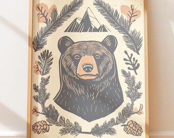 Vintage Grizzly Bear Folk Art Print - Rustic Folk Style, Retro Wall Art, Linocut Art with Outdoors Aesthetic, Native Folk Wall Decor