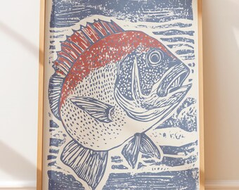 Plakat ścienny z ilustracją w stylu vintage z lucjanem czerwonym – sztuka retro z linoleum, sztuka ludowa w stylu marynistycznym, styl zachodni, ilustracja w stylu vintage