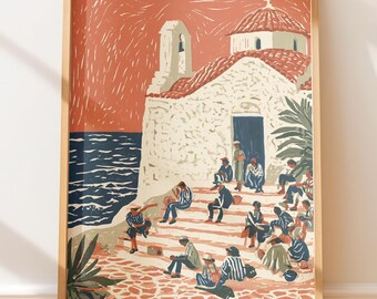 Poster vintage con scalinata di una chiesa mediterranea, decorazione murale retrò a tema viaggi, illustrazione di arte popolare costiera.