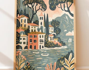 Póster de viaje vintage del lago Como, Italia, ilustración retro de arte popular al estilo nativo