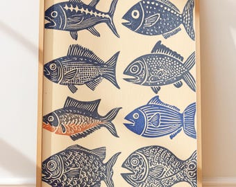 Plakat z mapą sardynek w stylu vintage – druk w stylu marynistycznym, sztuka ścienna w stylu retro, ilustracja ludowa, nadmorski dom wiejski, wystrój w stylu zachodnim