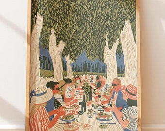 Poster vintage Pranzo in vigna francese, illustrazione di viaggio retrò Raduno in campagna Arte popolare
