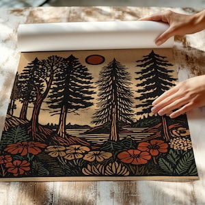 Folk art illustration poster for living room — cozy forest scene of tall evergreens and wildflowers evokes a peaceful, outdoorsy atmosphere.