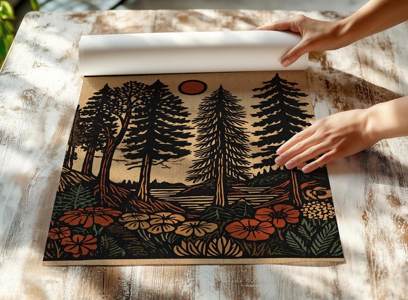 Folk art illustration poster for living room — cozy forest scene of tall evergreens and wildflowers evokes a peaceful, outdoorsy atmosphere.
