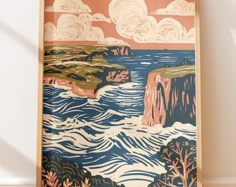Acantilados volcánicos de la isla de Jeju, póster de viaje con impresión en linóleo retro para pared.