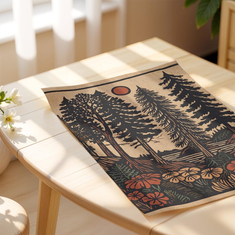 Vintage-style wall art for nature lovers — serene illustration of a Pacific Northwest forest, ideal for warm, rustic home settings.