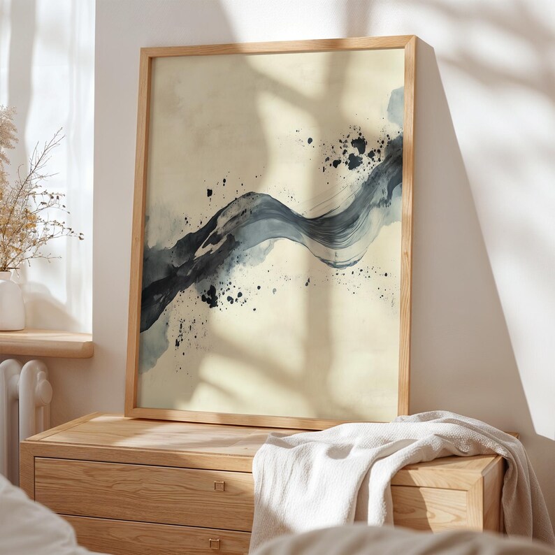 Sumi-e style painting for entryway — strong gestural lines and ink details on cream paper bring moody sophistication to your space.