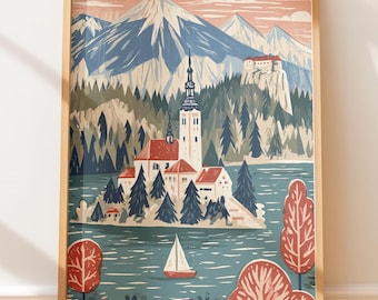 Póster vintage del lago Bled, Eslovenia, grabado de arte popular europeo sobre lienzo.