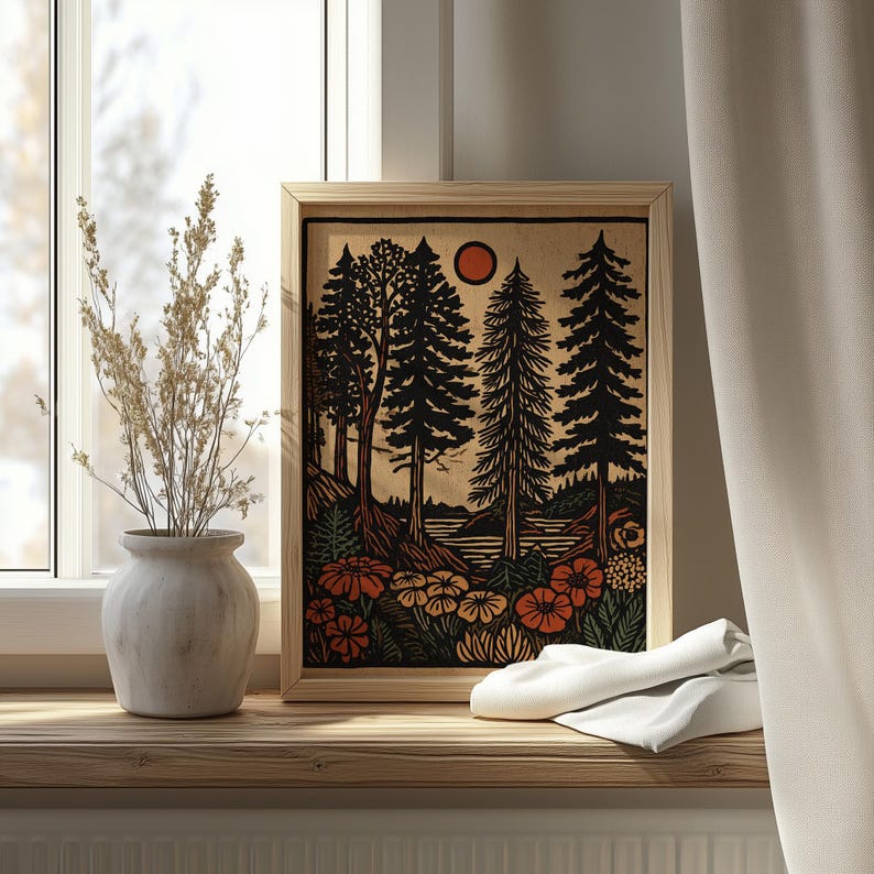 Woodcut-style nature picture for home office — cozy illustration of spindly trees and serene shoreline in an earthy palette for adventurers.