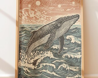 Folk Art Print of Breaching Humpback Whale, Vintage Folk-Art Style, Rustic Linocut Art, Nautical Retro Wall Decor, Outdoors Aesthetic