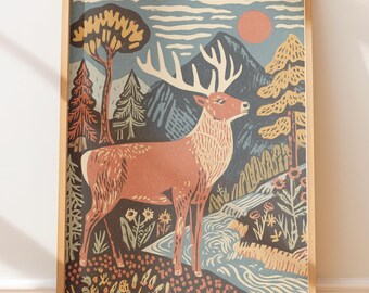 Folk Art Elk in Meadow Linocut - Rustic Folk Style, Vintage Print, Outdoors Aesthetic, Native Style Folk Art, Retro Wall Art Decor 946