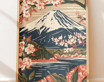 Vintage Mount Fuji Lake Poster, Retro Japanese Cherry Blossom Folk Art Travel Illustration Block Print