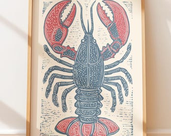 Rustykalny wydruk z homarem – plakat w stylu vintage, sztuka ścienna z linoleum w stylu retro, ilustracja w stylu ludowym i marynistycznym, wystrój domu w stylu nadmorskim i zachodnim